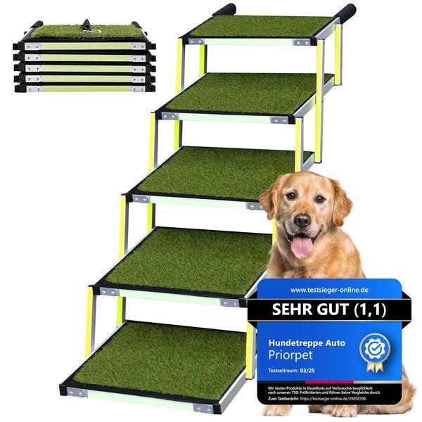 Hundetreppe Auto Klappbar - Hundetreppe Große Hunde - Anti-rutsch Kunstrasen Einsatz - Leuchtende Leitmarkierung - Gelenkschonende Einstiegshilfe Auto Hund - Hundeleiter Faltbar - Zu 77kg - 5 Stufen