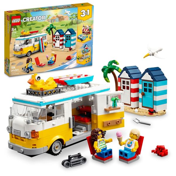 LEGO Creator 3 in 1 Bausatz für Wohnmobil Eisdiele Strandhaus, tolles Geschenk für Surfer, Jungen und Mädchen, Strandsimulationsspiel, 31138