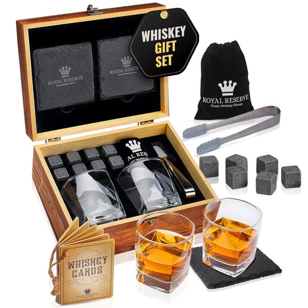 Whisky Geschenkset – Whiskey Gläser, Steine, Untersetzer, Eiszange, Holzkiste, Geschichts- und Rezeptkarten, Samtbeutel – Zubehör Set, Geschenk für Männer, Ehemann, von Royal Reserve