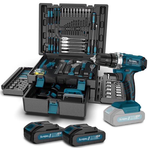 Sundpey Werkzeugkoffer Gefüllt 255 tlg - Werkzeugkoffer mit 21V Akku-Bohrschrauber, Akkuschrauber Set mit 2 * 2000mAh Akku, Werkzeugkasten mit Schublade für Haus-/Autoreparaturen
