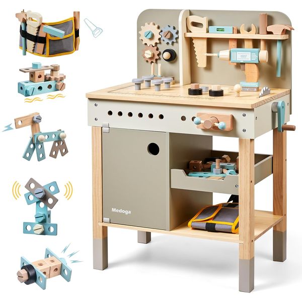 Kinder Werkzeug Bank, Holz Spiel Werkzeuge Set mit Kinder Werkzeug Gürtel Kleinkinder Werkbank Pretend BAU Werkzeuge Set Holz Spielzeug Bohr