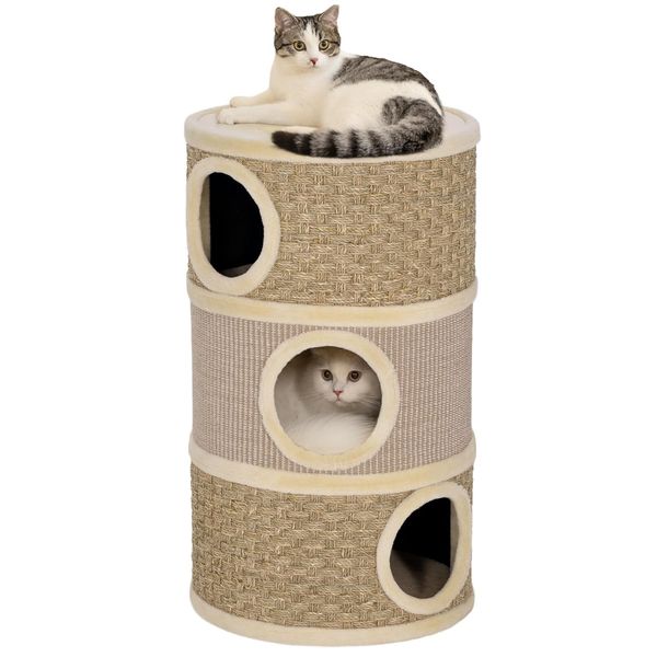 PawHut Kratztonne für Katzen 79 cm Hoch Ø 45 cm Katzentonne mit 3 Etagen Sisalseil, Plüsch Katzenhöhle, Kratzbaum für große Katzen, Khaki+Kaffee