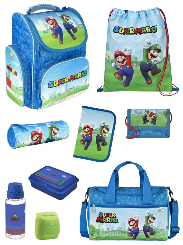 Familando - Schulranzen Set CLOU - 9-teilig mit Sporttasche - Super Mario Game - Ergonomisch, Stabil & mit gepolstertem Rücken - 930g leicht