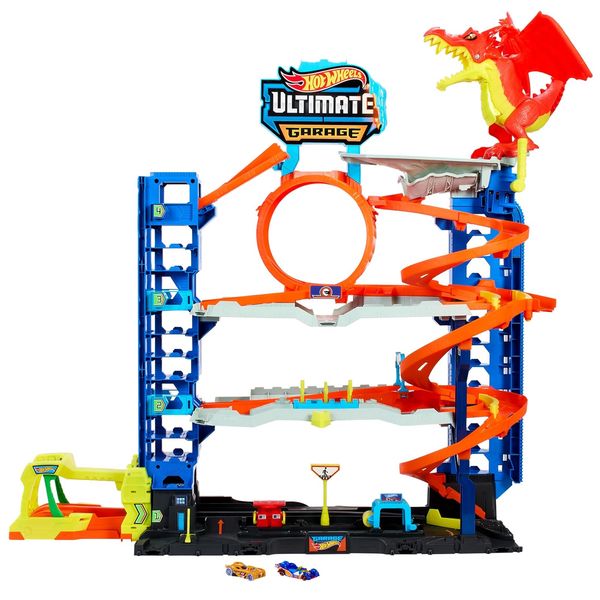 Hot Wheels Let's Race Netflix - Ultimative Garage - Mehrere Ebenen Parkgarage, 3ft hoch, mit 2 Die-Cast-Autos, ab 5 Jahren, Rennspaß, Stunt-