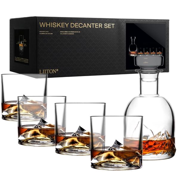LIITON Whisky Gläser Everest 5-teilig aus Kristallglas, Tumblergläser mit Whiskey Dekanter, Geschenke für Männer für Cocktails, Gin, Bourbon, Rum, Trinkgläser Geschenkset