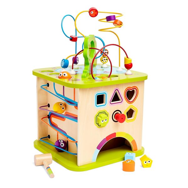 Hape Motorikwürfel „Kleine Tierchen“ - aus Holz, Multifunktions-Spielwürfel, Lernspielzeug aus Holz für Kleinkinder, fünfseitiges Busy Board