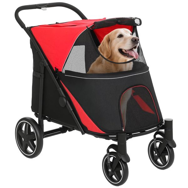 PawHut Hundewagen, Hundebuggy mit Kissen, Faltbarer Hundetrolley, Katzenbuggy für große und mittelgroße Hunde, Hundetrolley mit Netzfenster,