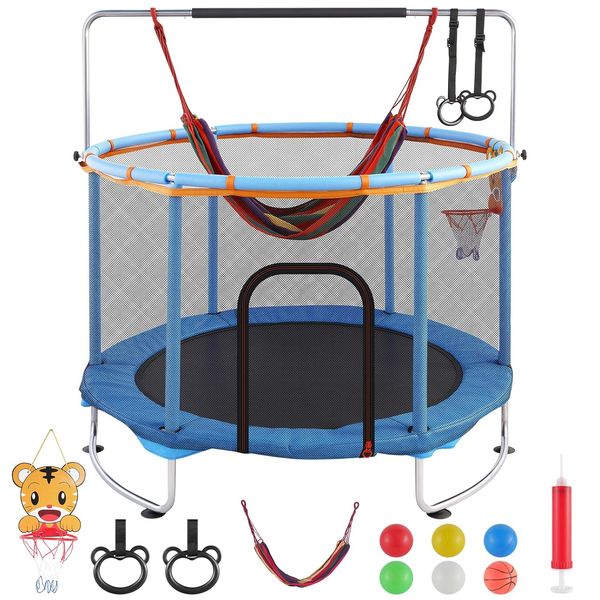 Trampolin Kinder 150cm, höhenverstellbares Trampolin Indoor Outdoor mit Sicherheitsnetz & Turnstange, 200 kg belastbares Kleinkind Trampolin