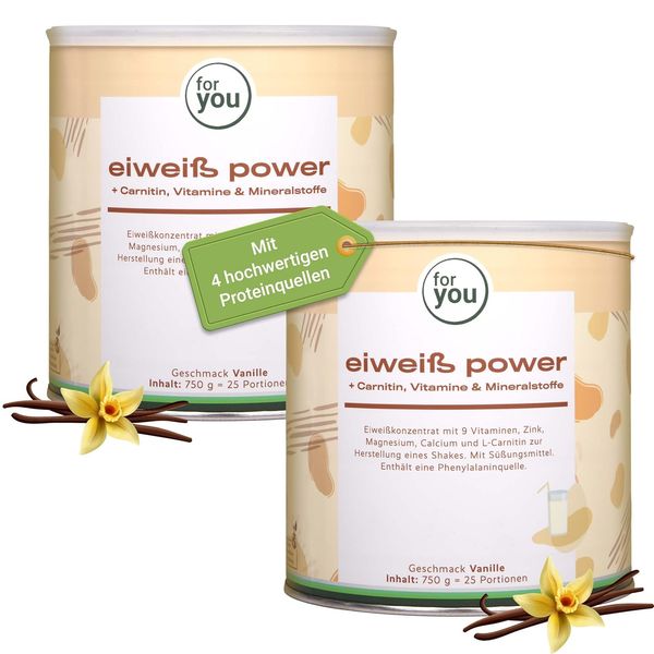 for you Power Eiweiß Vanille 2x750 g – Mehrkomponenten Eiweißpulver mit L-Carnitin