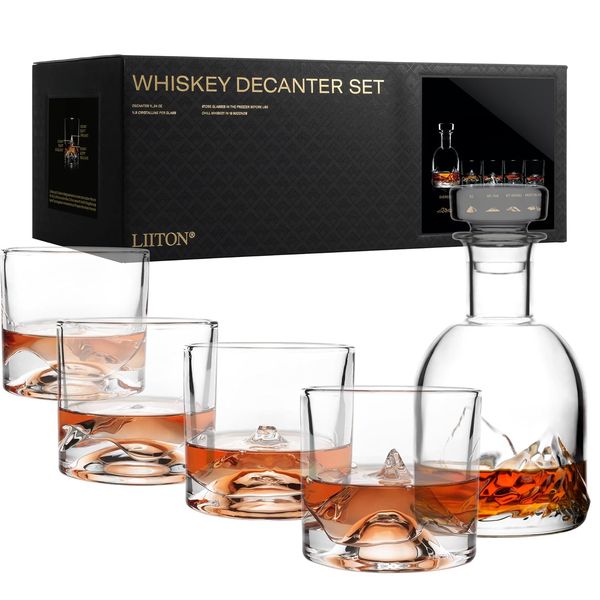 Exllusiv Whisky Gläser The Peaks 5-teilig aus Kristallglas, Tumblergläser mit Whiskey Dekanter, Denali, Everest, Fuji & Mont Blanc, Geschenke für Männer, Gin, Bourbon, Rum, Trinkgläser Geschenkset