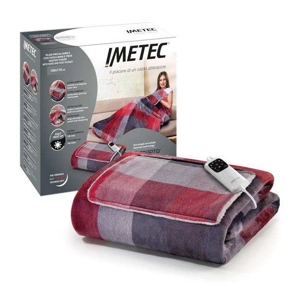 Imetec Adapto Velvet Tartan Heizdecke mit Taschen für Hände und Füße, 150x110 cm Wärmedecke, geringer Verbrauch, Adapto Technologie, sicher, schnelles Aufheizen, 6 Temperaturen, waschbar
