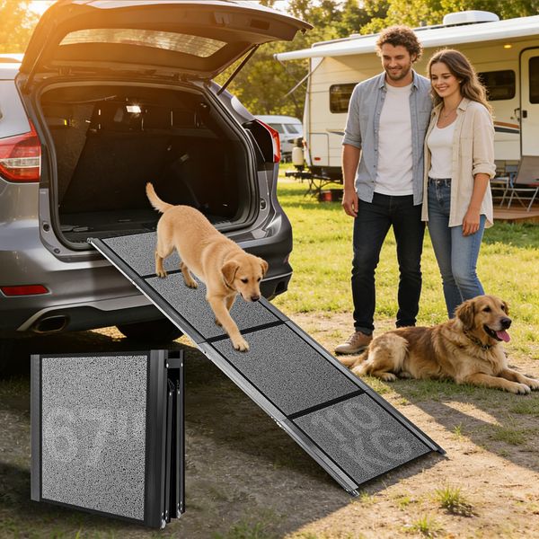 Hunderampe Auto Klappbar, Hundetreppe Auto Hunde Bis 115kg Einstiegshilfe Hundetreppe, Hundetreppe Auto mit Rutschfester Teppich, Hunderampen Für LKWs und SUV Stabil, Große Und Mittel Hunde (67inch)