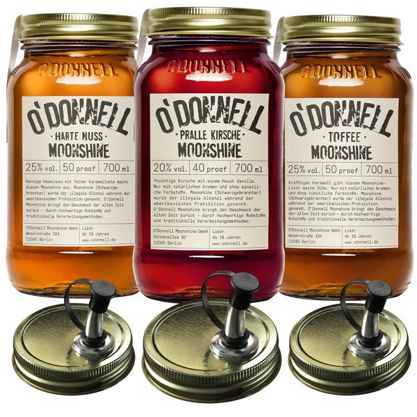 O'Donnell Moonshine Likör Set 3x700ml – Harte Nuss, Karamell Toffee & Pralle Kirsche in Mason Jars
