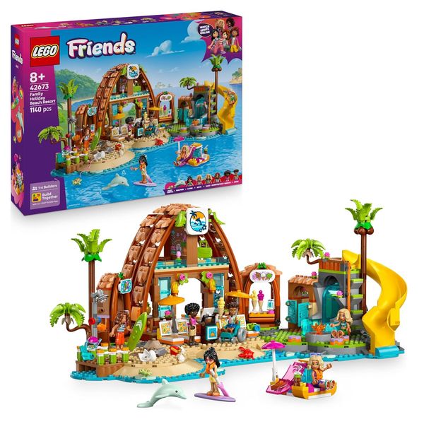 LEGO Friends Familienurlaub im Strandresort - Spielzeug mit 6 Mini-Puppen, Schildkröten- und Delfinfiguren, Eisdiele und Zubehör - Kinder Ge