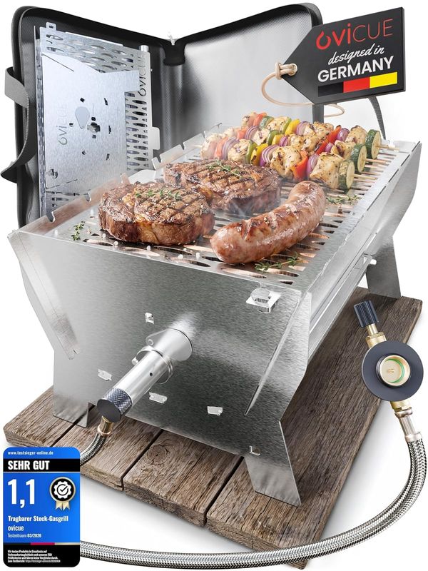 Mobiler Steck-Gasgrill ovicue Größe L – Edelstahlgrill mit Gas- & Holzkohlebetrieb