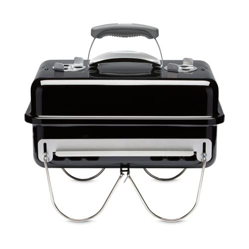 Weber Go-Anywhere Holzkohlegrill – Tragbarer BBQ-Grill 42×26 cm Grillfläche, porzellanemaillierte Schale und Deckel, klappbare Standfüße – Schwarz